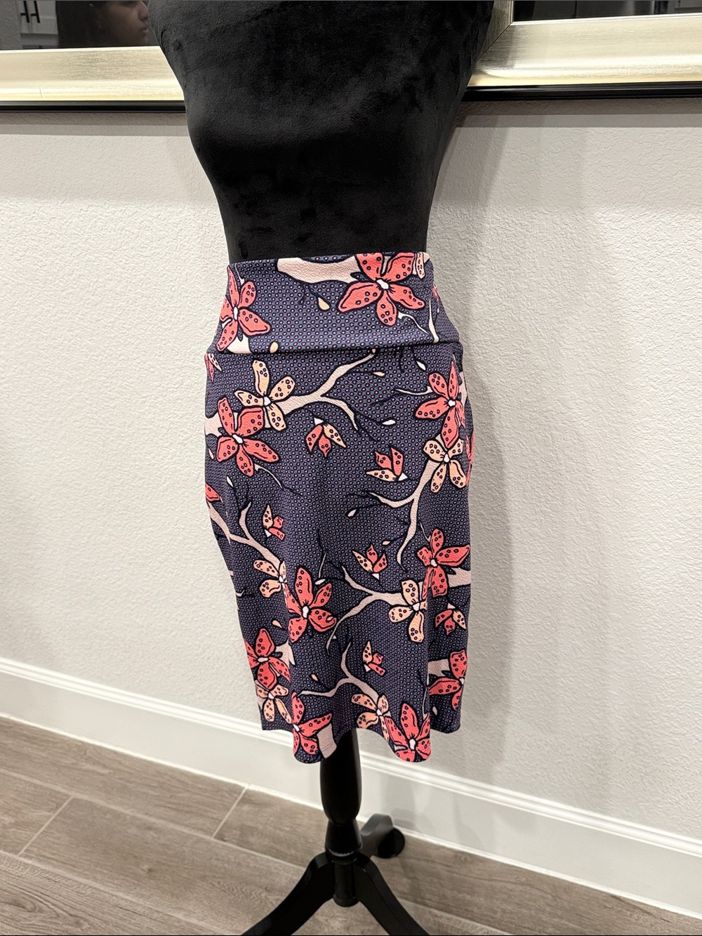 LuLaRoe Navy Pencil Skirt with Pink and Cream Floral Print